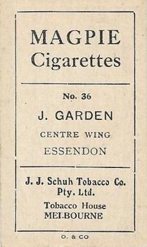 1921 J.J.Schuh Magpie Cigarettes Australian Footballers - Victorian League #36 Jack Garden Back